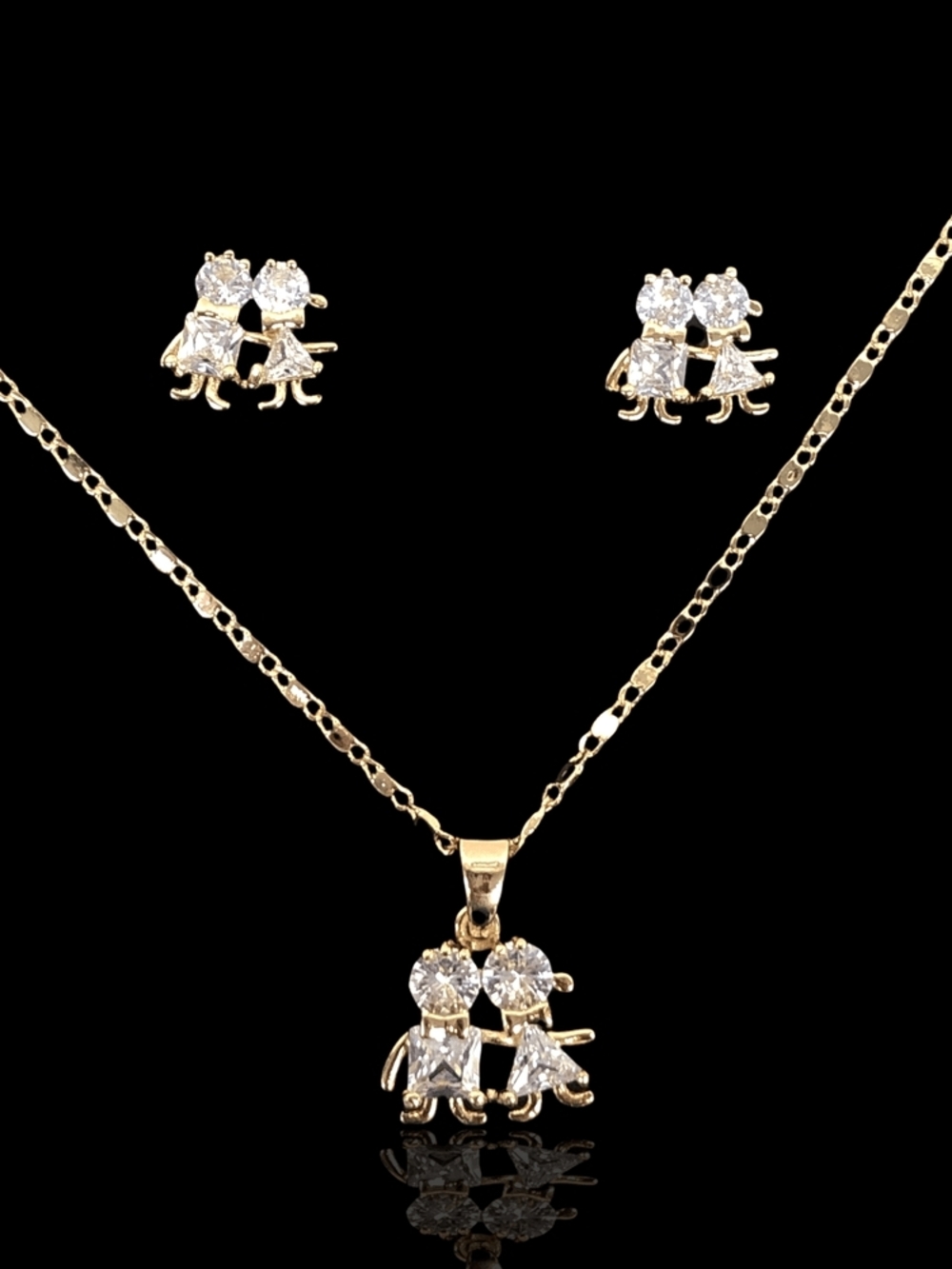 Gold Tone Kids Couple Pendant Necklace and Stud Earrings Set